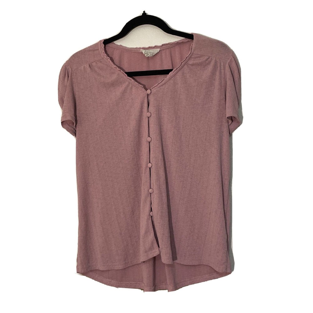 Flower And Feather Blouse Top pink Button Front Pleated Sleeve